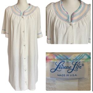Vtg Leisure Life Terry Cloth Housecoat Robe Lingerie Short Sleeve Snaps Pockets